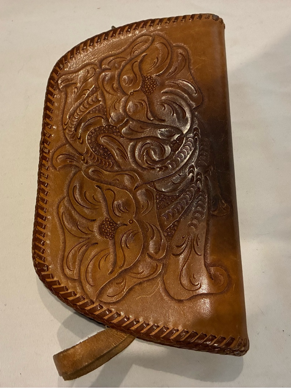 Hand-Tooled Floral Leather Clutch Wallet - Tan Brown Leather Big Zipper Wristlet
